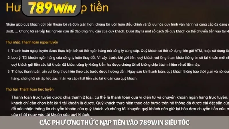 Các phương thức nạp tiền vào 789WIN siêu tốc 